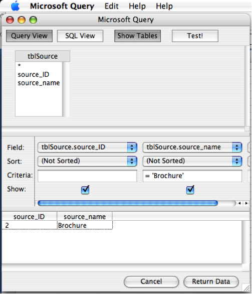 Query View of
      Microsoft Query