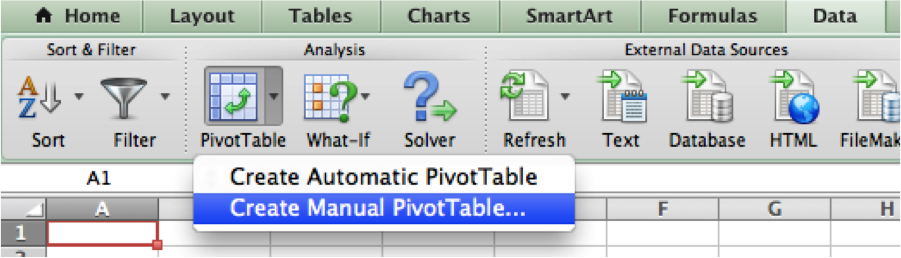 Use the
                    Ribbon to make a manual PivotTable
