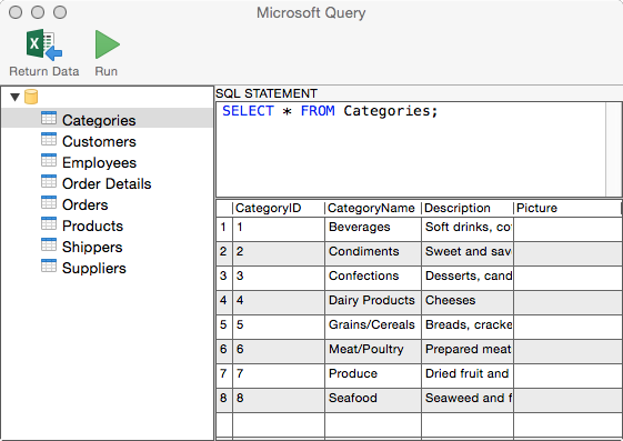 Screen shot of
                Microsoft Query interface