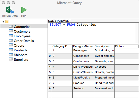 Screen shot of
Microsoft Query interface