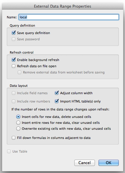 Data Range Properties dialog