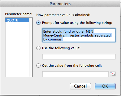 Web Query Parameters dialog