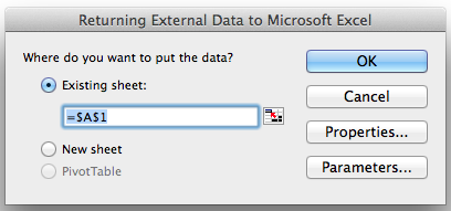 Returning Data to Excel dialog screen shot