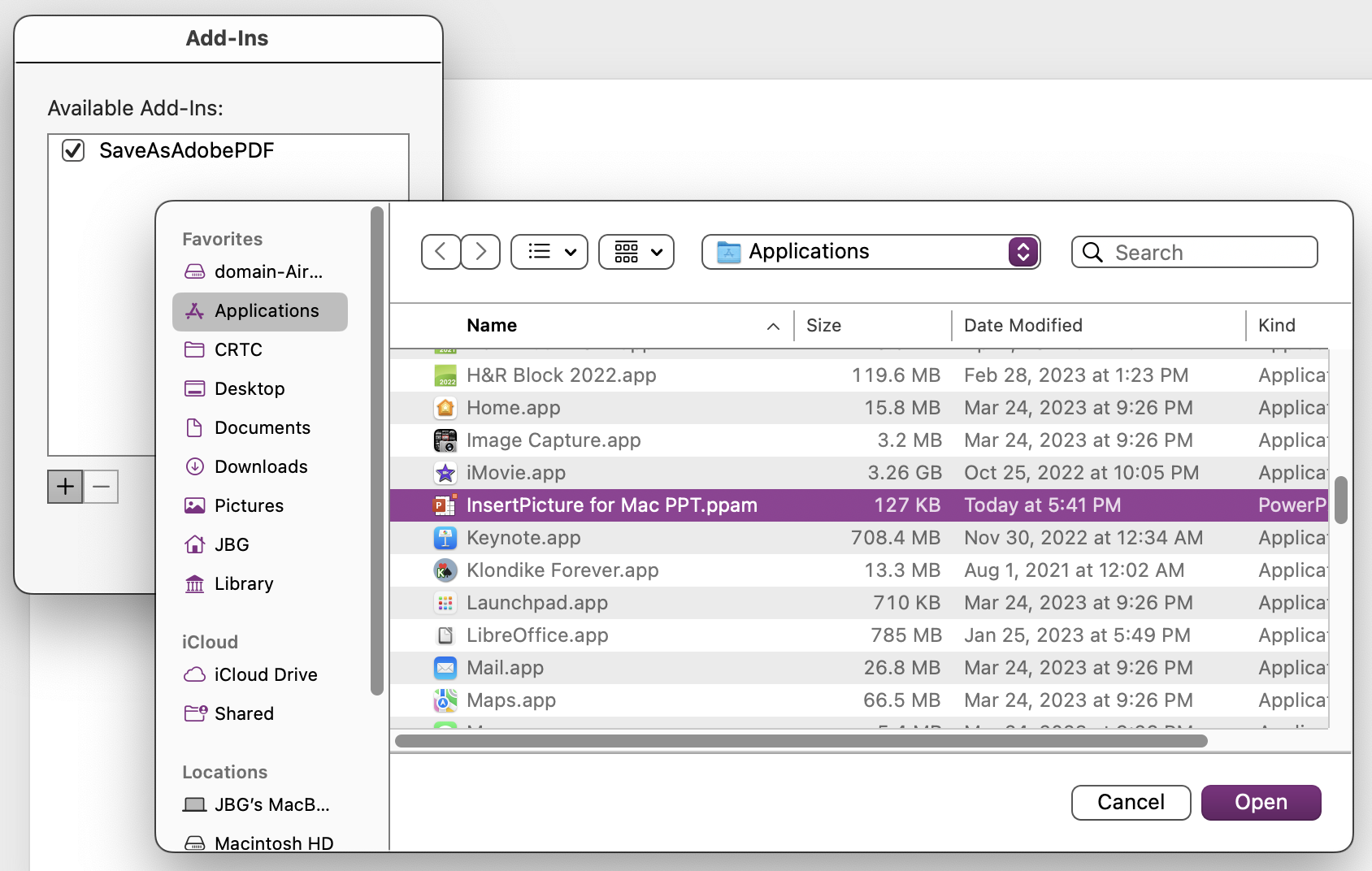 Add-ins dialog Add-ins dialog