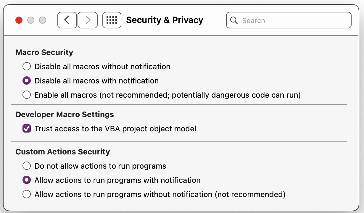PowerPoint
Security Preferences PowerPoint Security Preferences Dialog