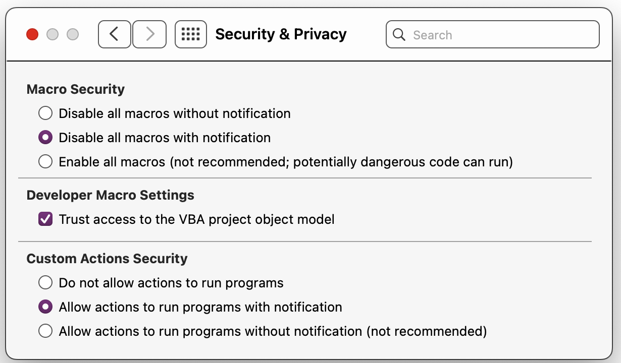 PowerPoint Security Preferences Dialog